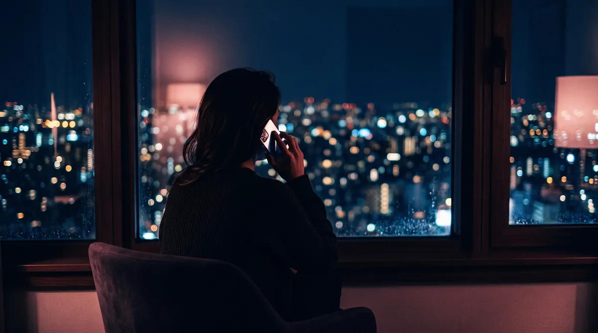 Femme allongée, téléphone à l'oreille dans la pénombre