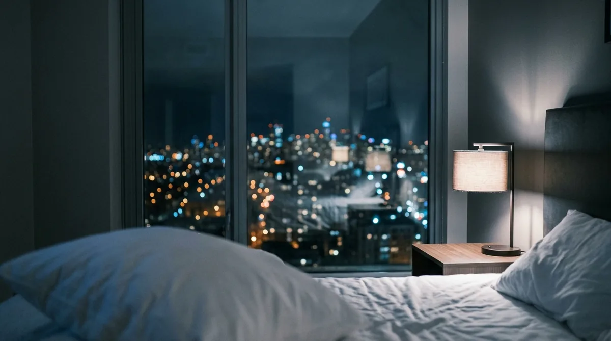 Chambre d'hôtel la nuit, lit défait et fenêtre donnant sur les lumières d'une ville